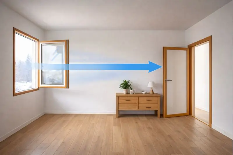 Richtig lüften im Winter - Querlüften Raum Fenster und Tür offen