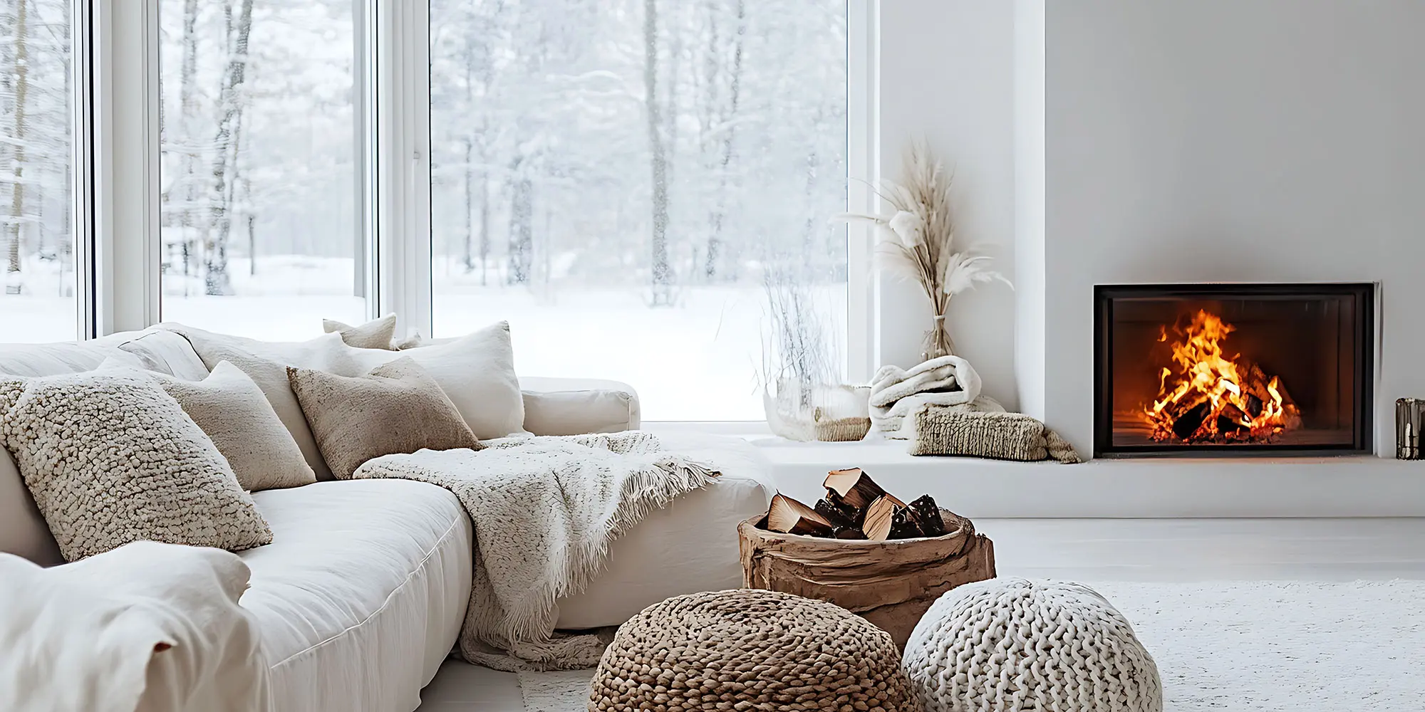 Richtig lüften im Winter - Wohnzimmer mit Blick auf Winterlandschaft
